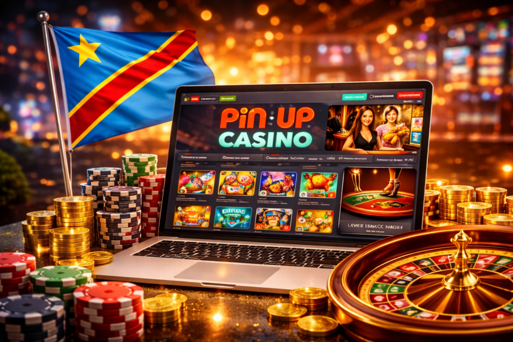 Ordinateur portable affichant l’interface de Pin Up casino avec jeux de machines à sous et section live casino, jetons et roulette au premier plan, drapeau de la RDC en arrière-plan pour illustrer Pin Up casino en ligne RDC pour joueurs francophones.