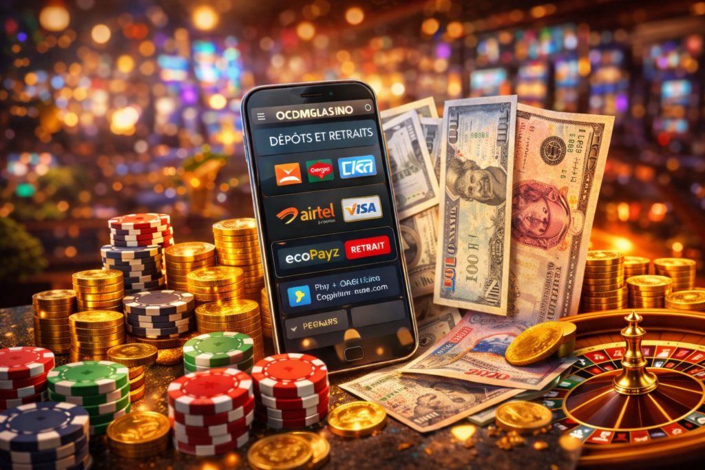 Smartphone affichant la page dépôts et retraits de Pin Up casino avec méthodes de paiement locales en RDC, entouré de billets, pièces d’or et jetons de casino, illustrant les transactions sécurisées sur Pin Up Casino RDC.